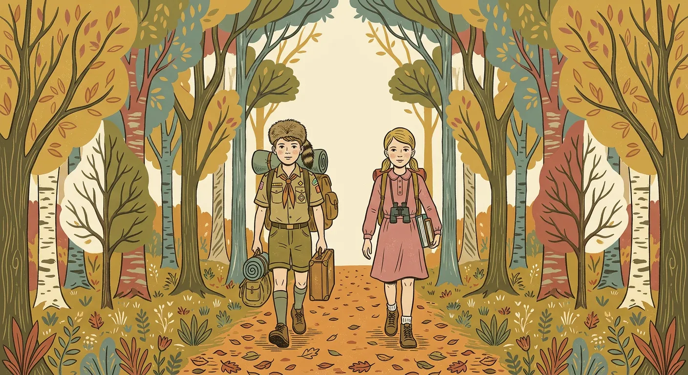 Illustration of Sam and Suzy walking through autumn woods